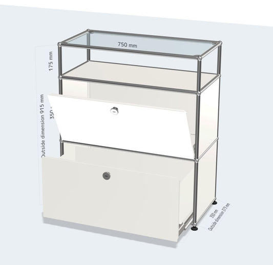 1x3 module highboard(1 extension door with metal box & 1 drop down door & 1 glass panel) [W750XD350XH(350+350+175)]