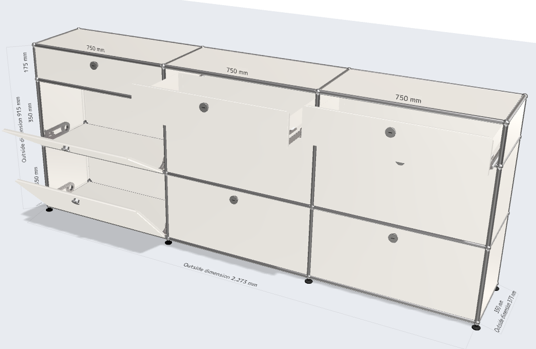 3x3 module sideboard (bottom 3-3 drop down & top 3 extension doors with metal box) [W(750+750+750)XD350XH(350+350+175)]